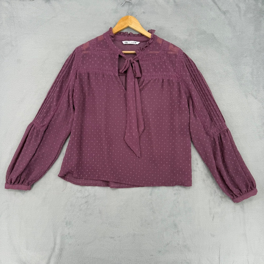 ZARA Swiss Dot Bow Blouse Womens Large Dark Pink Feminine Cottagecore
